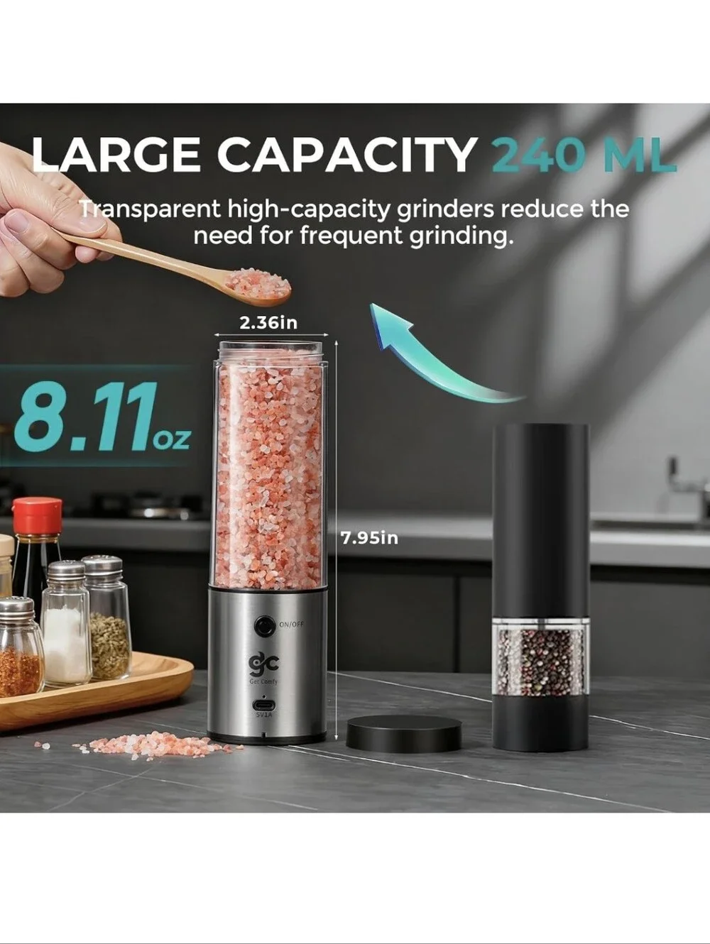 Electric Salt & Pepper Grinder Set One-Handed Automatic Pepper Mill with LED